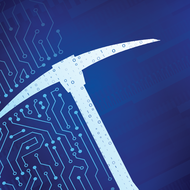 Abstract digital design featuring a pickaxe with circuit board patterns on a blue background.